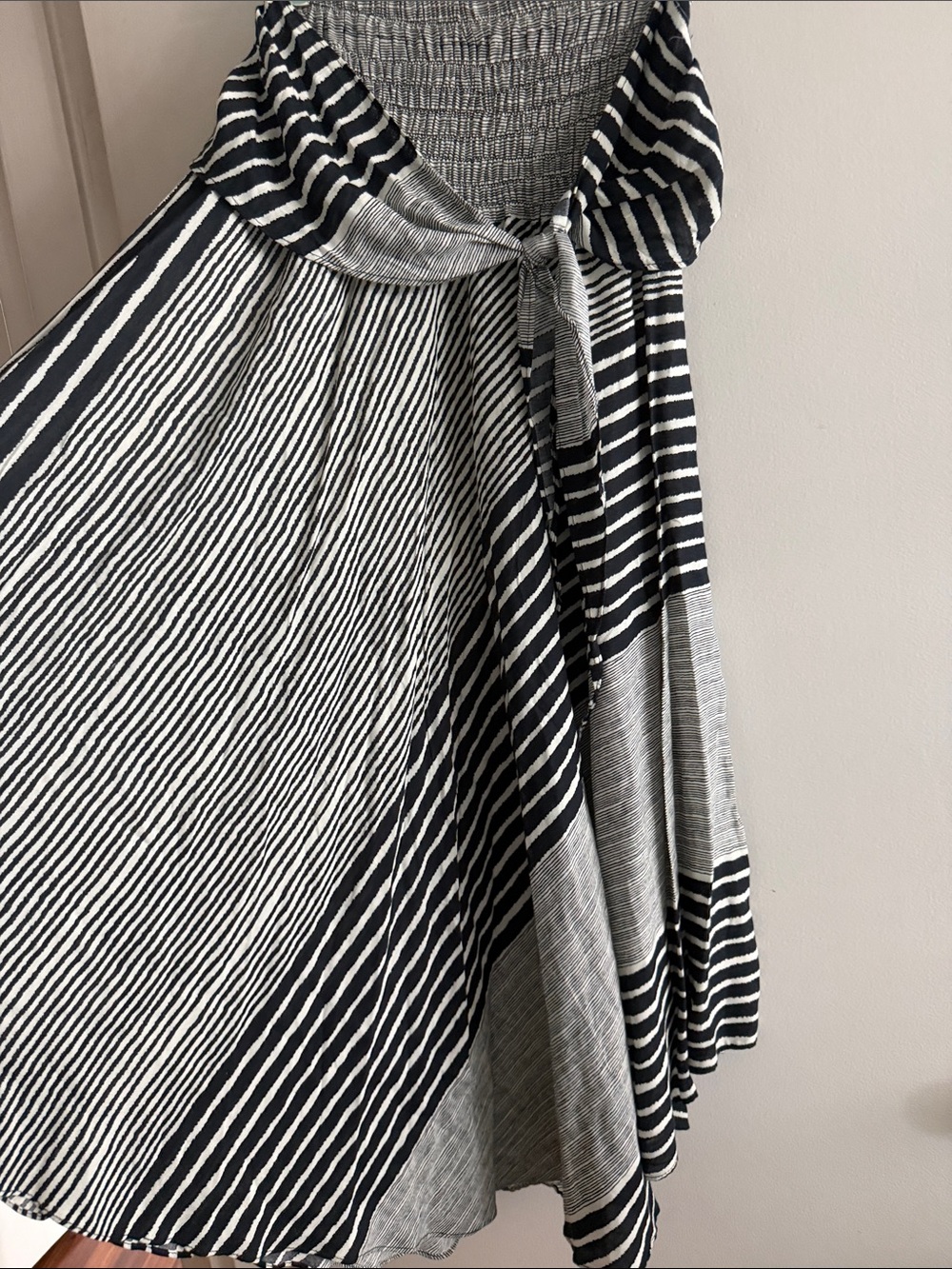 Striped Black & White Asymmetric Maxi Skirt with Tie Waist - Picture 2 of 4